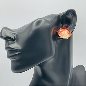 Earrings Cloisonne Stud Sea Shell Pinks Gold Tone 80s Vintage Jewelry Retro Gift